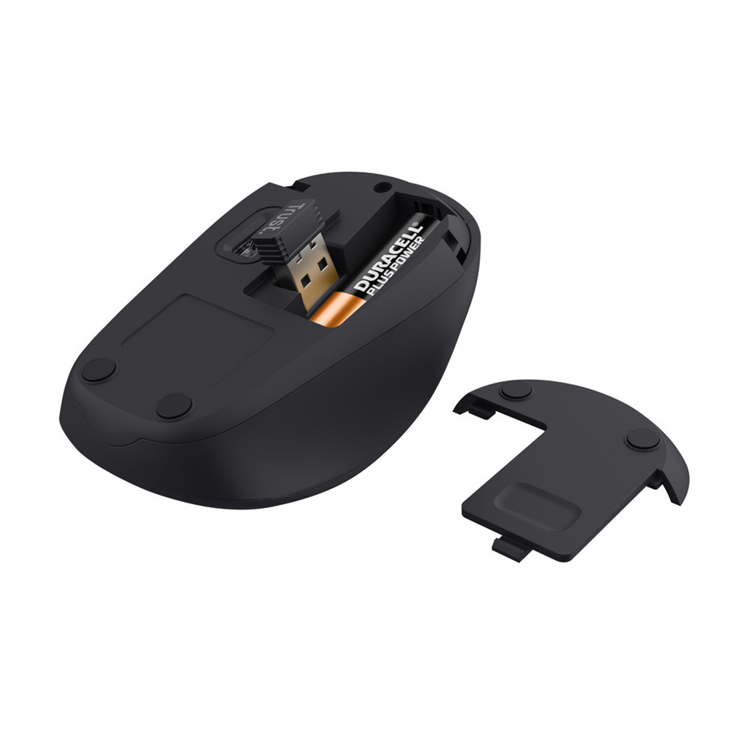 Mouse wireless nero con una batteria Duracell all'interno. Lo sportello della batteria è aperto.