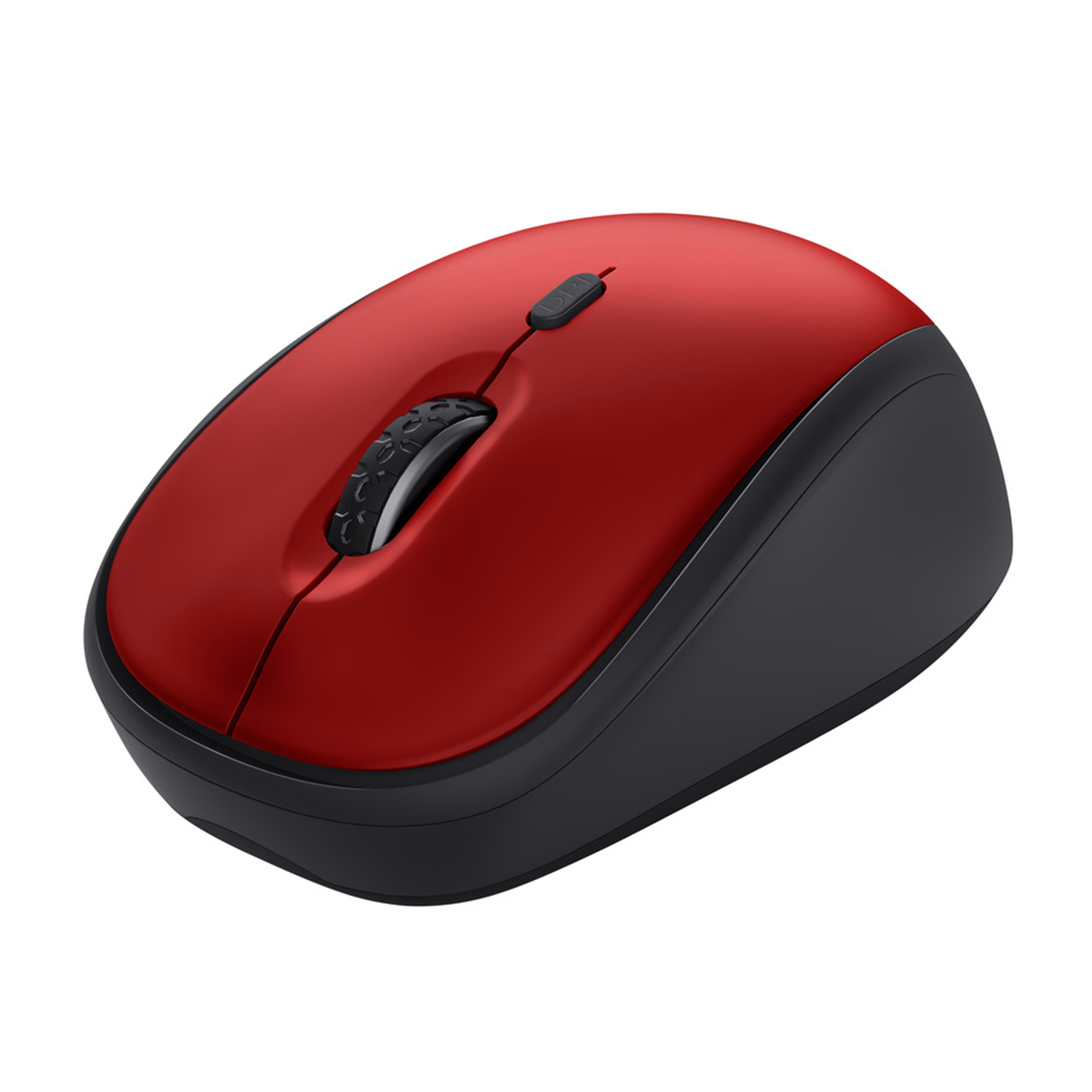 Mouse per computer rosso e nero. La parte superiore è rossa, con rotella di scorrimento e pulsanti. La base è nera.
