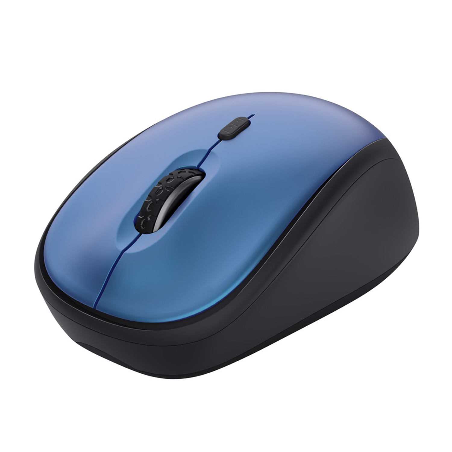 Un mouse wireless blu e nero con rotella e pulsanti.