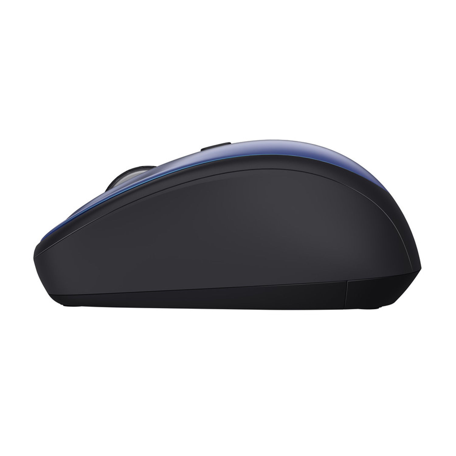 Mouse per computer nero e blu. Vista laterale. Superficie nera e parte superiore blu.