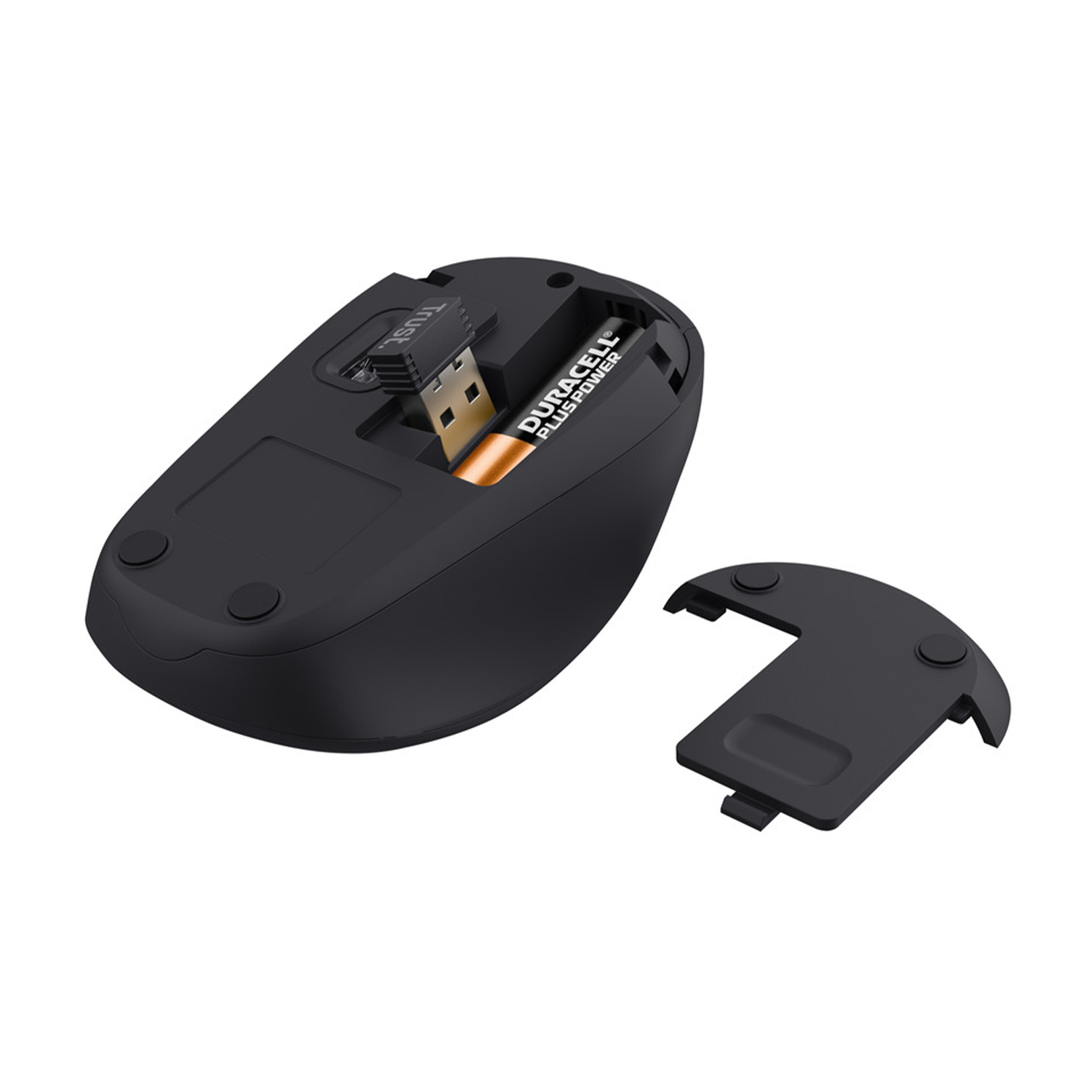 Il lato inferiore di un mouse per computer nero con una batteria Duracell e un ricevitore USB.