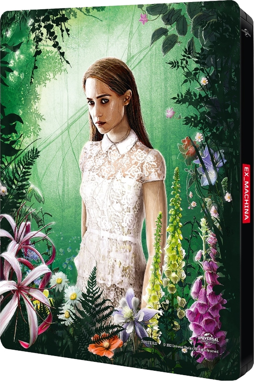 Couverture Blu-ray. Femme en robe blanche dans une forêt. Fond vert. 'Ex Machina'.