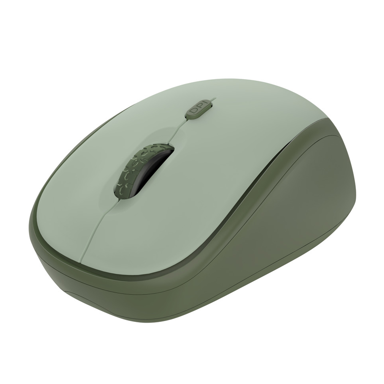Mouse verde e grigio scuro con rotella e base grigio scuro.