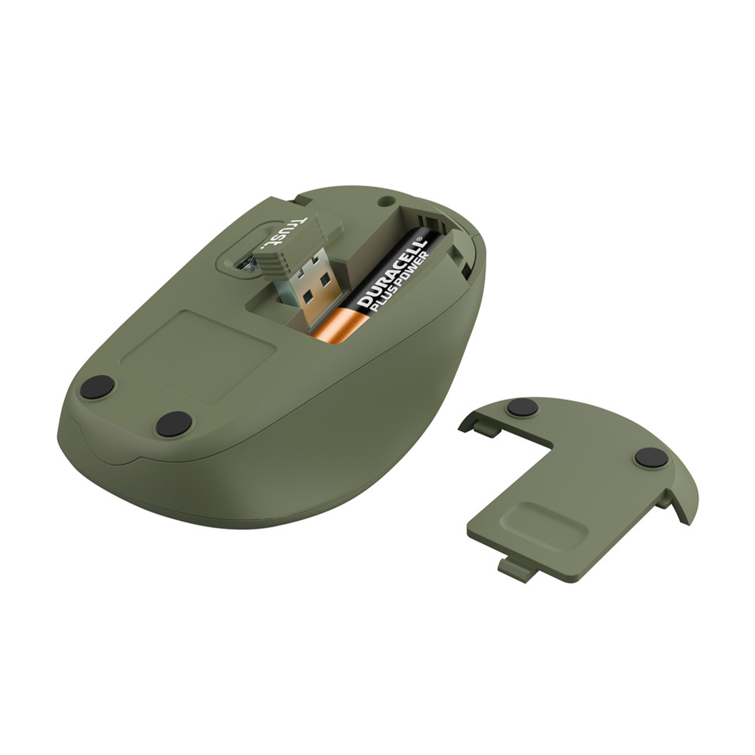 Mouse wireless verde con vano batteria aperto. Batteria Duracell all'interno.