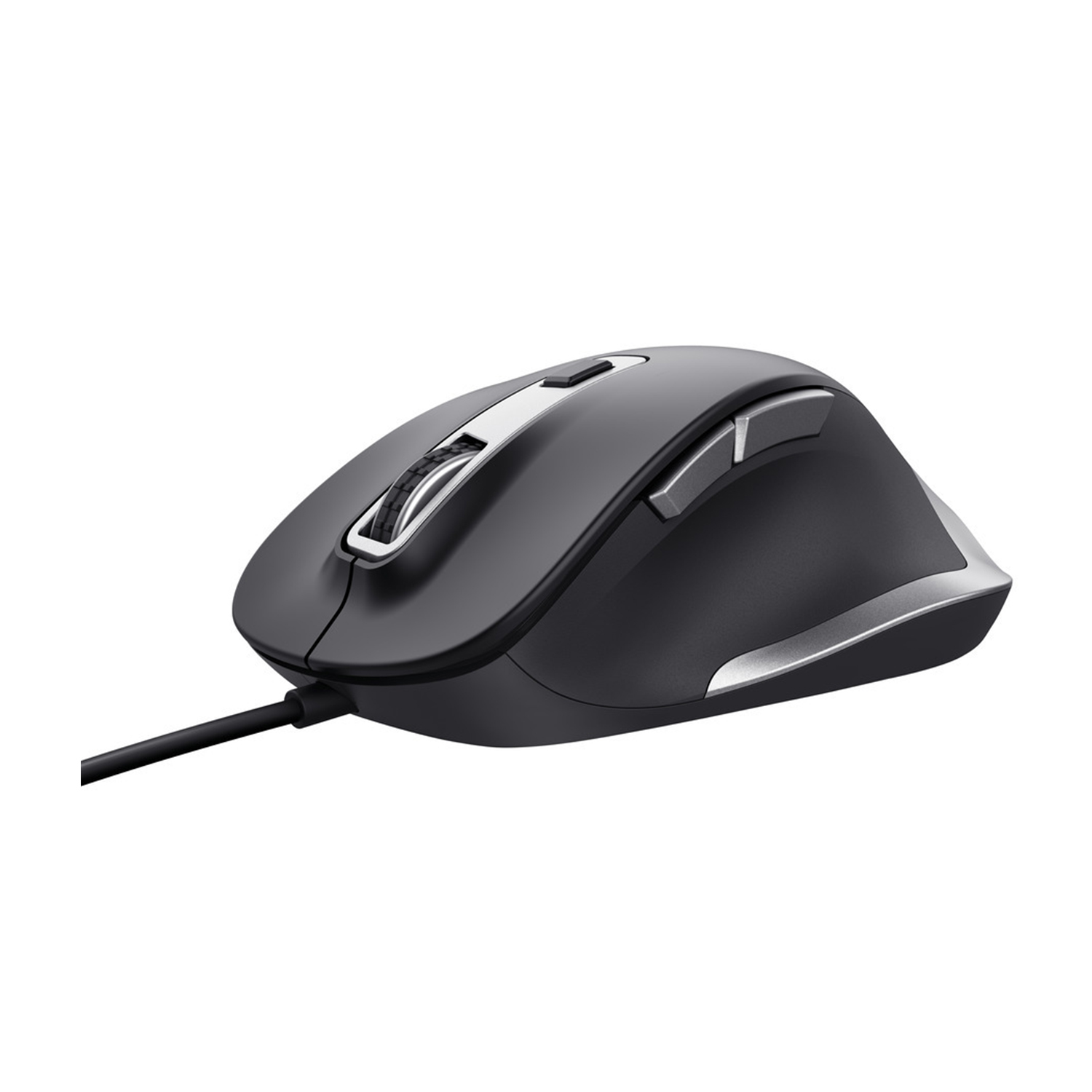Un mouse per computer nero e argento con cavo, isolato su sfondo bianco.