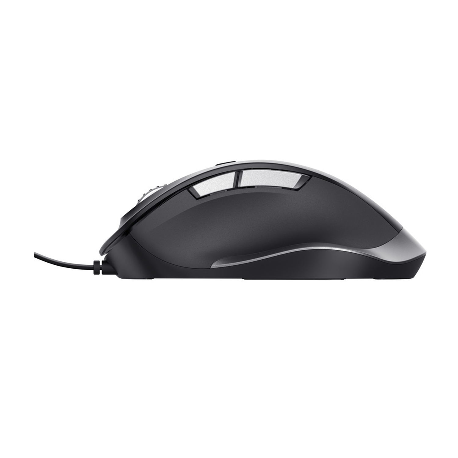 Mouse per computer nero con dettagli argentati, visto di lato, su sfondo bianco.