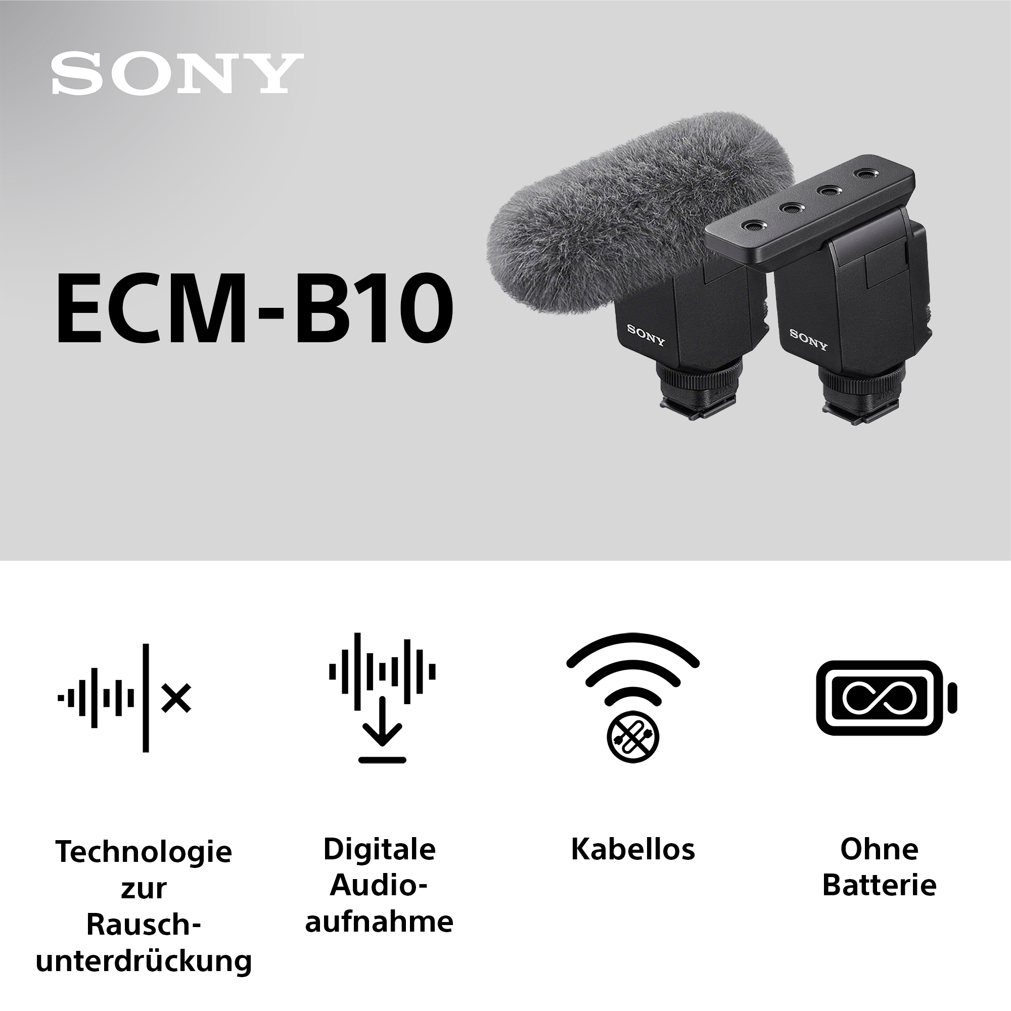 Ein Sony ECM-B10 Mikrofon. Es hat einen Windschutz und verschiedene Symbole, die Funktionen darstellen.