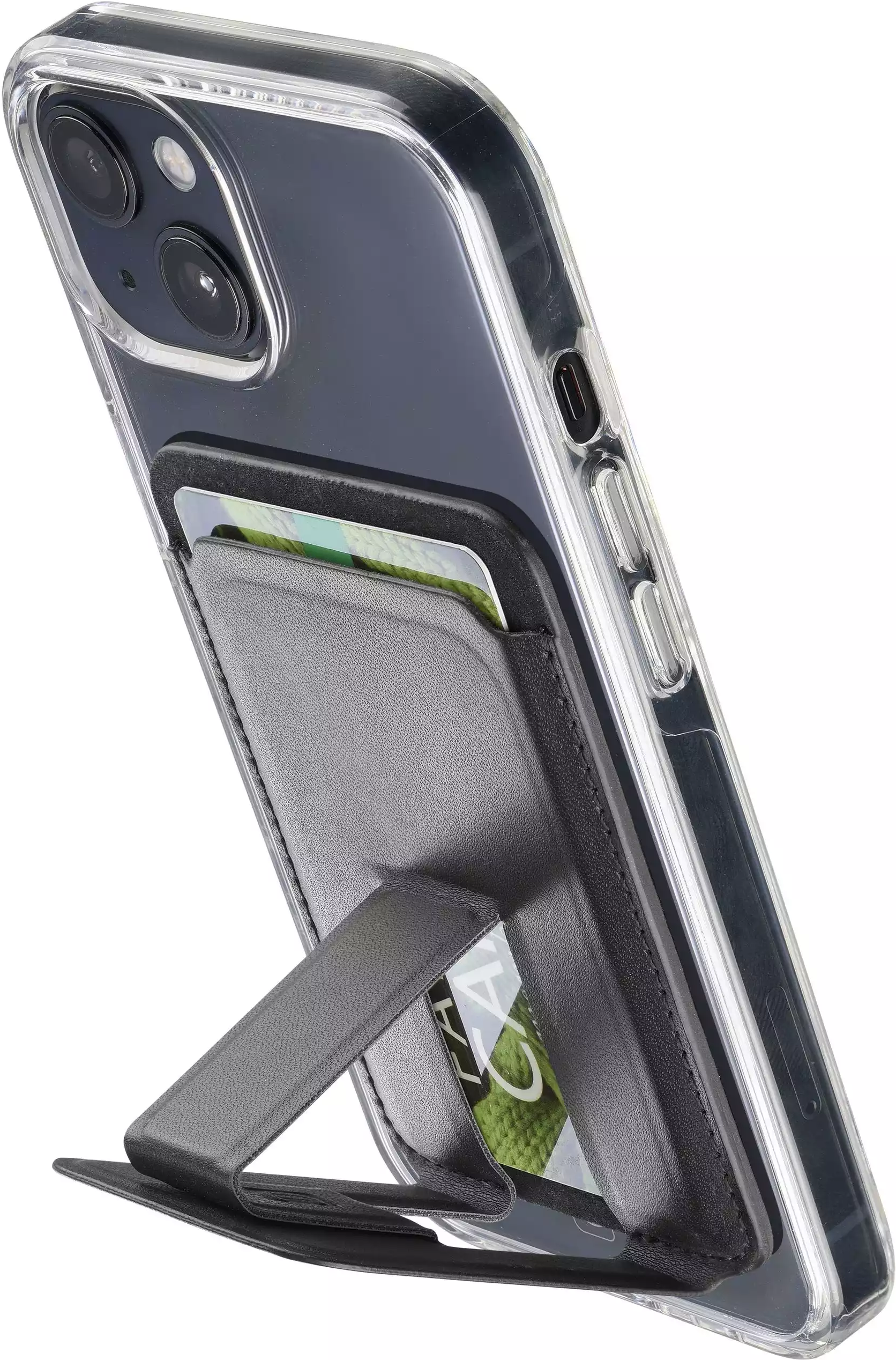 Un telefono con una custodia trasparente, un portafoglio e un supporto.