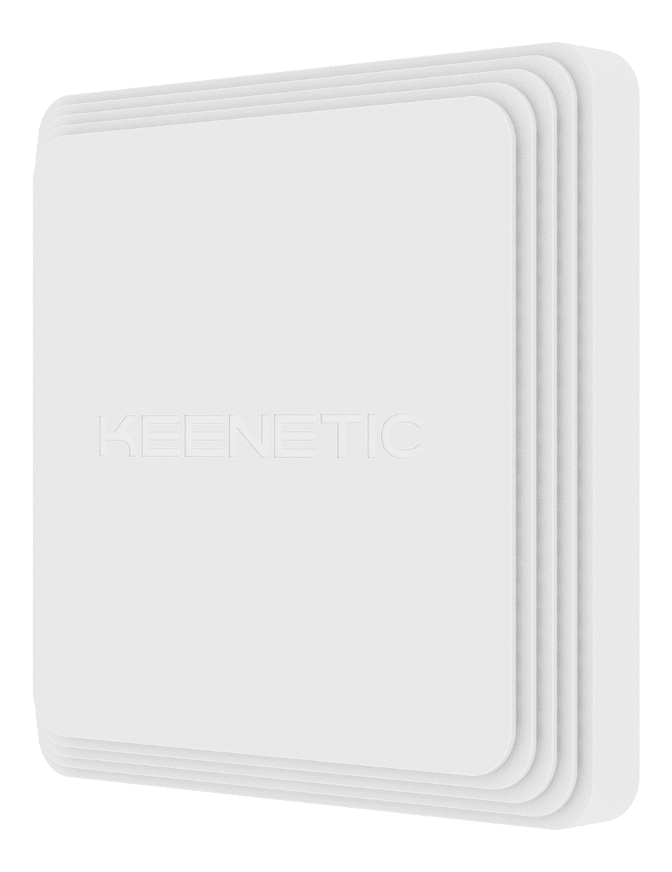 Weißer Keenetic Router, schräge Ansicht. Keenetic ist auf dem Gerät aufgedruckt.