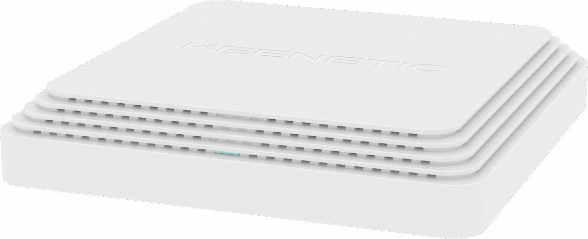 Weißer Keenetic-Router mit gestapeltem Design. Oberseite mit geprägtem Logo.