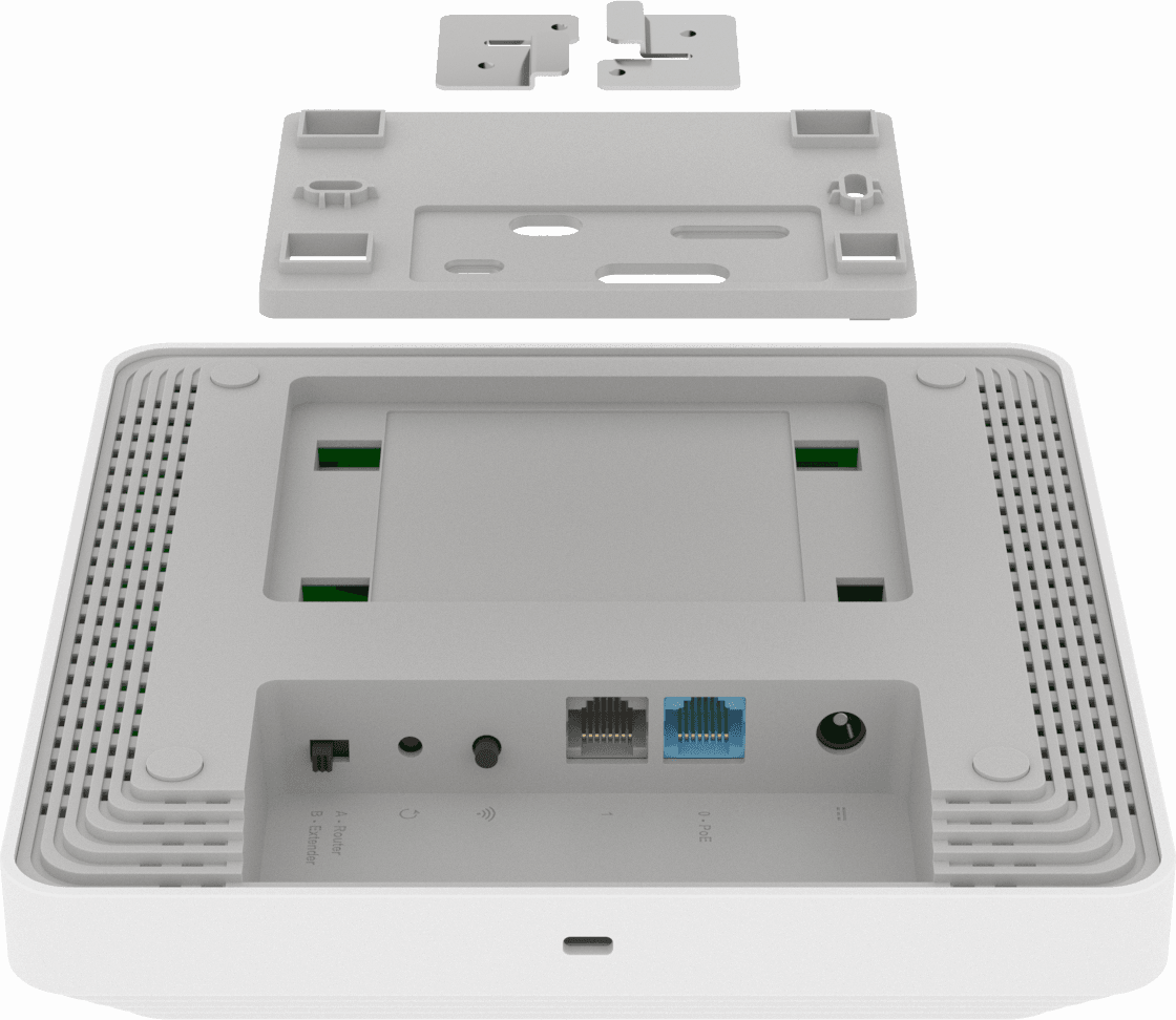 Die Rückseite eines weißen Routers mit Anschlüssen und zwei weißen Teilen darüber.