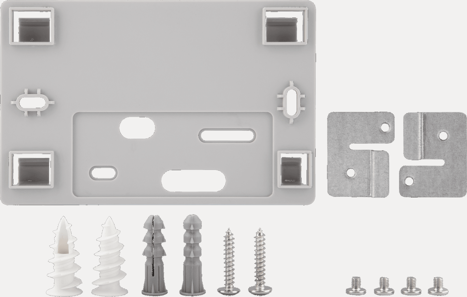 Graue Montagehalterung und Hardware, einschließlich Schrauben und Wandanker.
