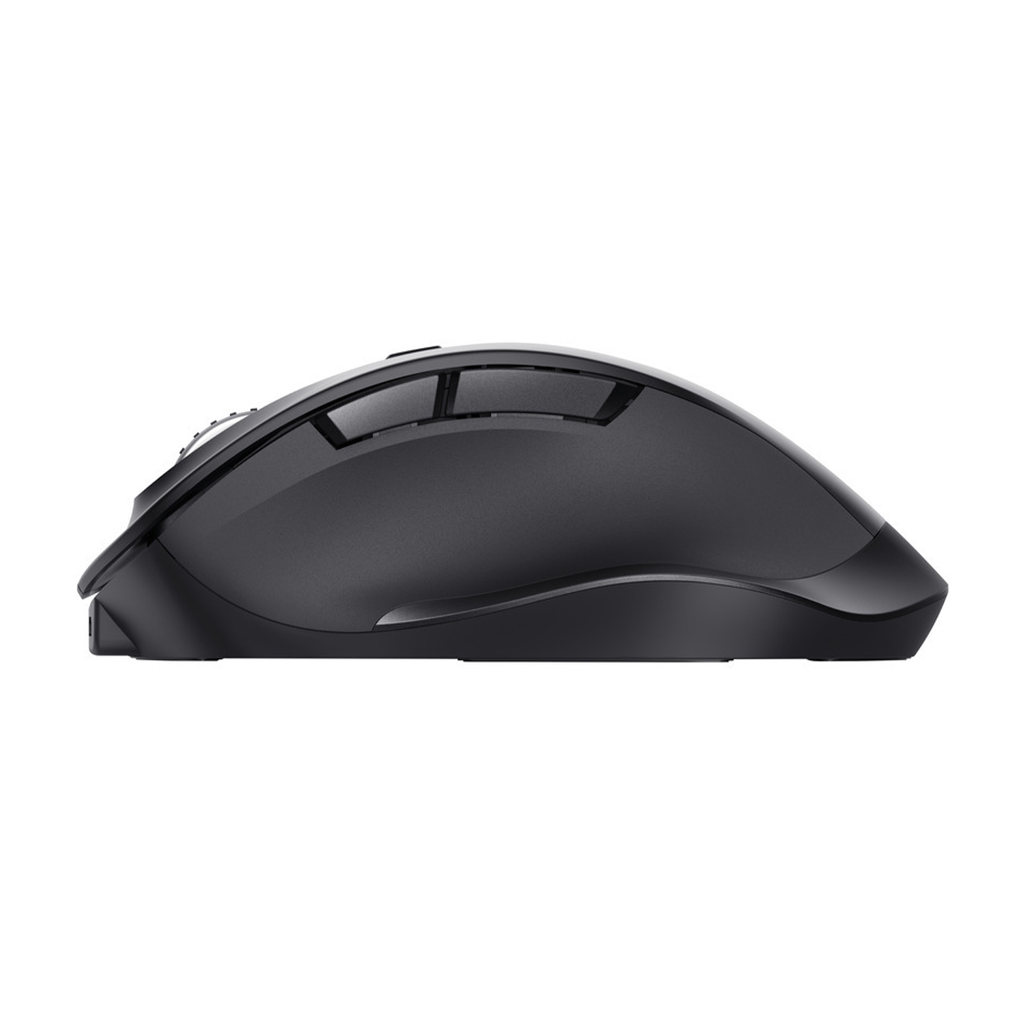 Una vista laterale di un mouse ergonomico nero con pulsanti e rotella.