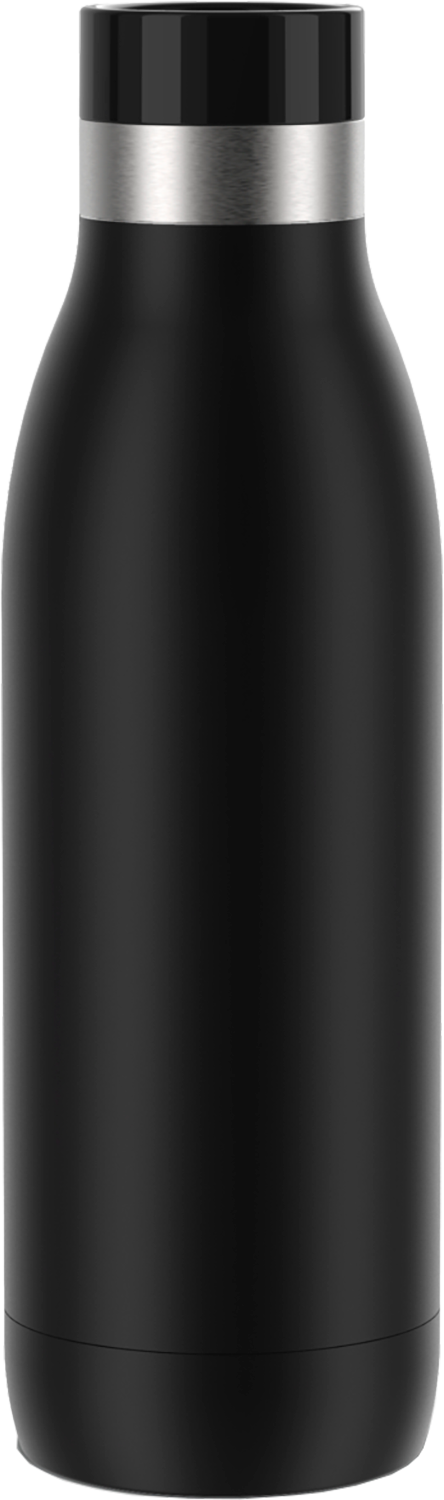 Black insulated water bottle with a silver top and black cap.