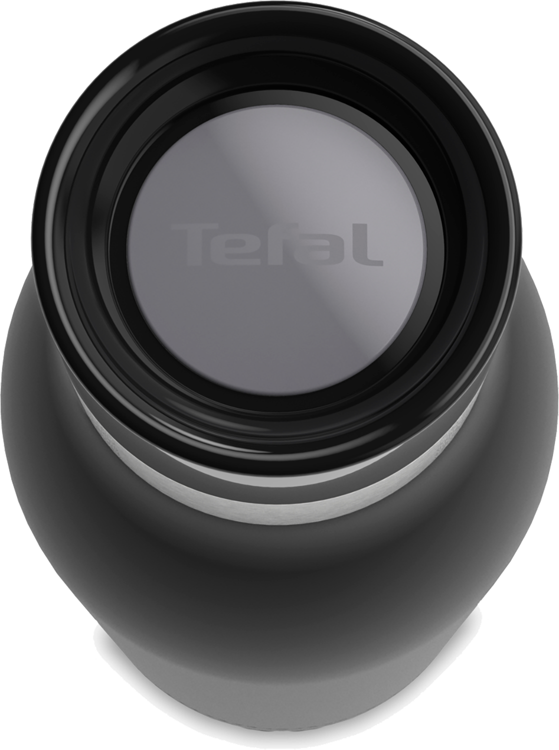 A black water bottle with a silver lid and the word 'Tefal' on it.