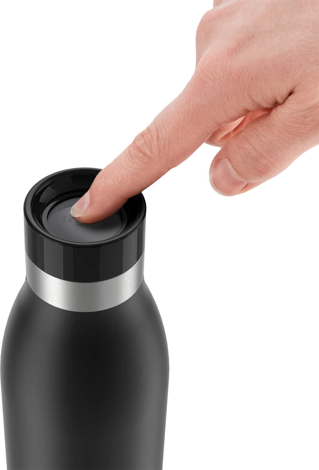 A hand pressing a button on a black and silver insulated water bottle.