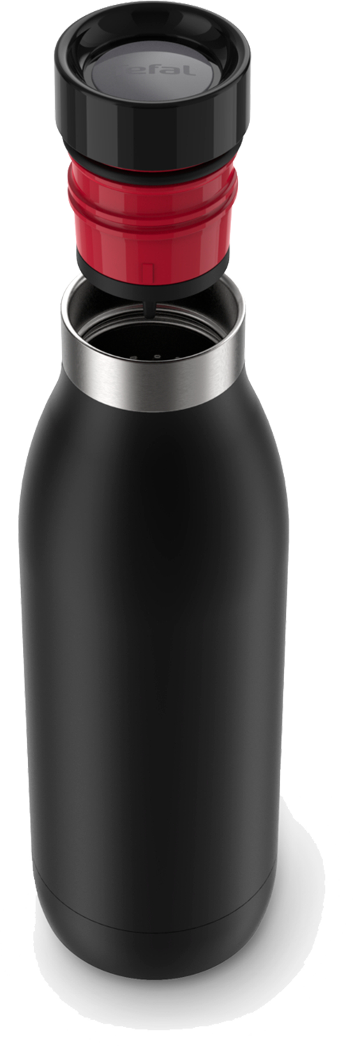 Black water bottle with red cap and open top, isolated on white background, close-up.