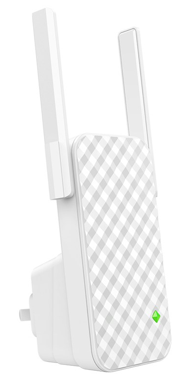 Egy fehér Wi-Fi jelerősítő két antennával és egy hálózati csatlakozóval.