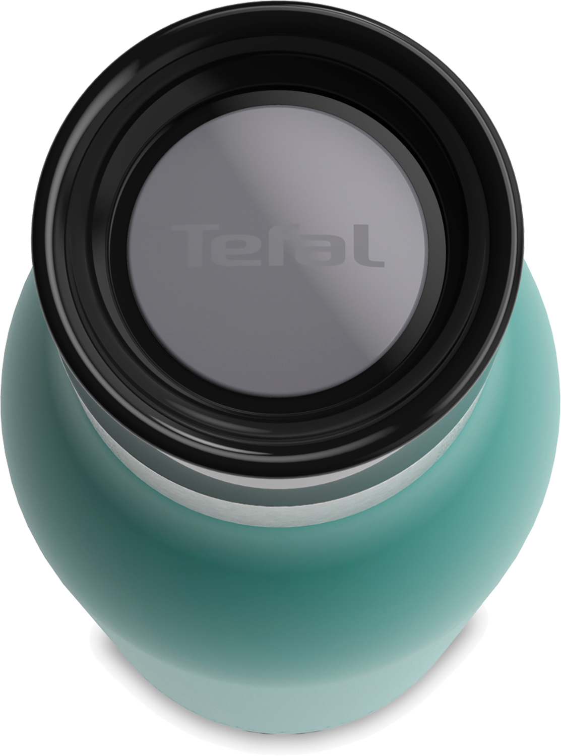Turquoise waterfles, bovenaanzicht, zwarte rand en Tefal logo, wit.