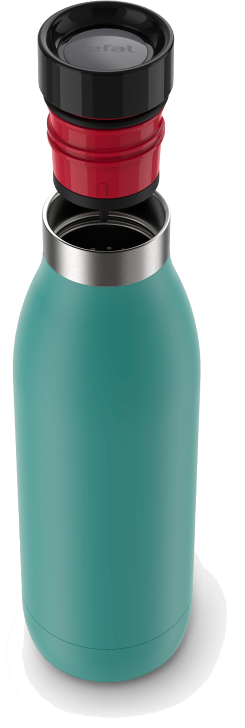 Turquoise waterfles met zwarte en rode deksel, open, op een wit oppervlak.