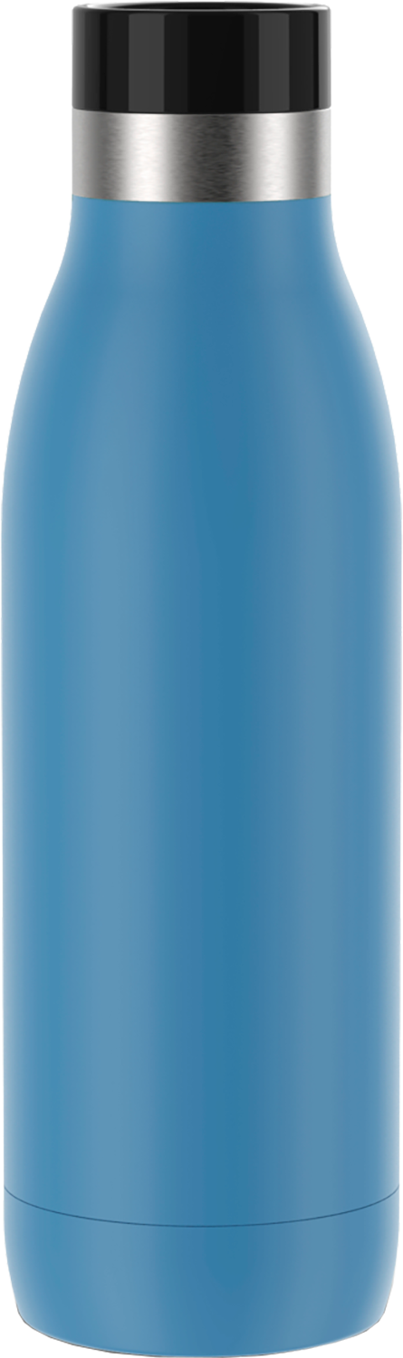 Blue insulated water bottle with black cap and silver rim.