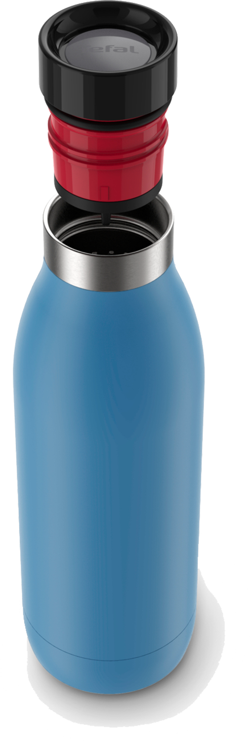 A blue water bottle with the top unscrewed, revealing the opening. The background is white.