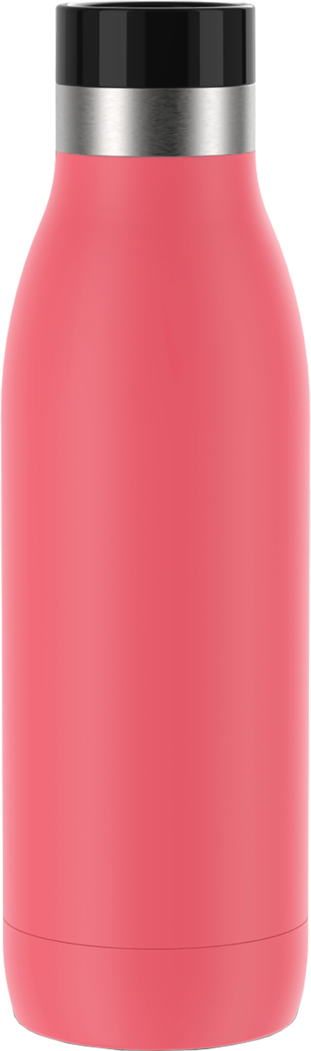 A pink water bottle with a black cap and silver trim.
