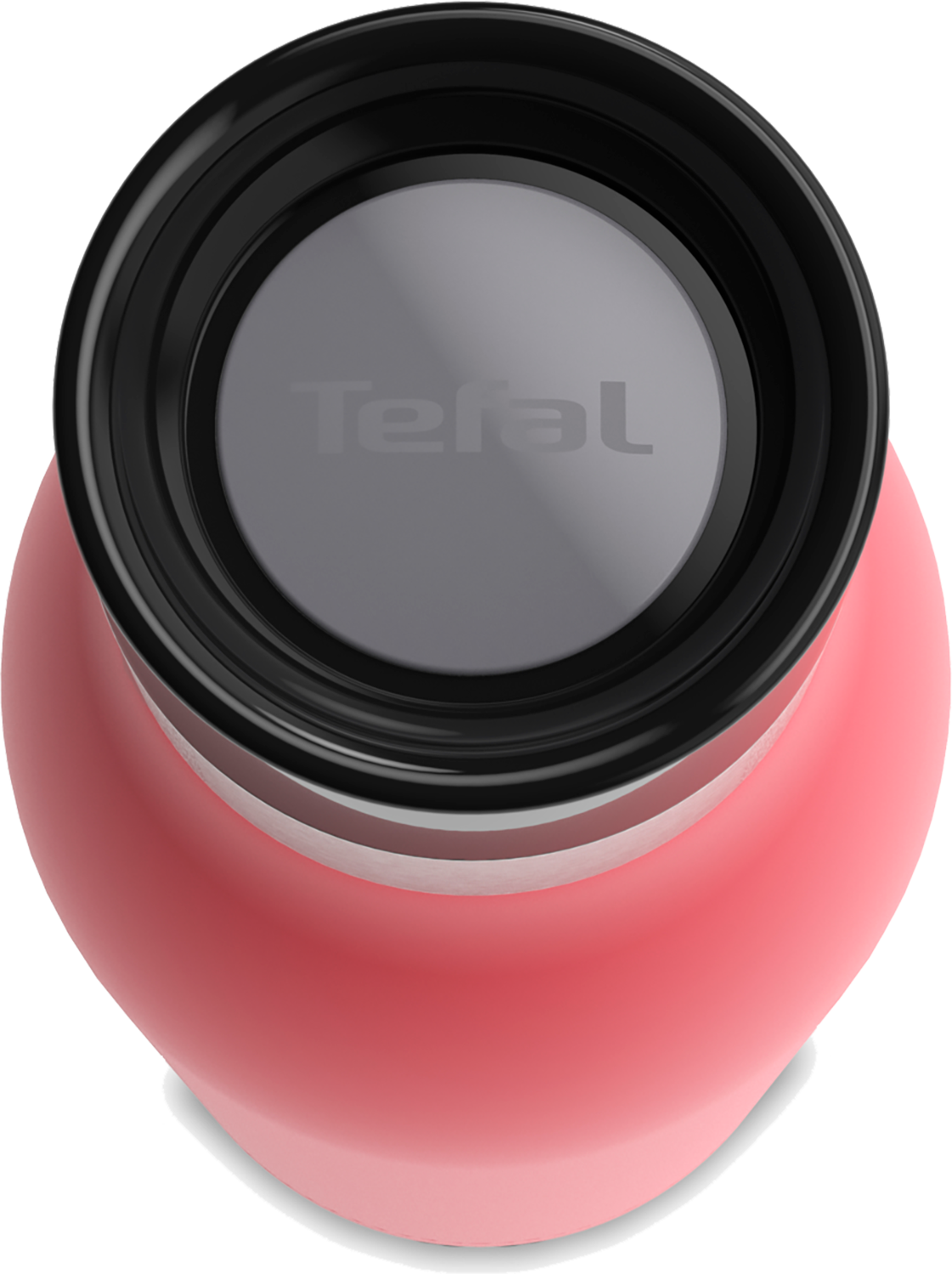 Pink water bottle with black top. Tefal logo is visible.