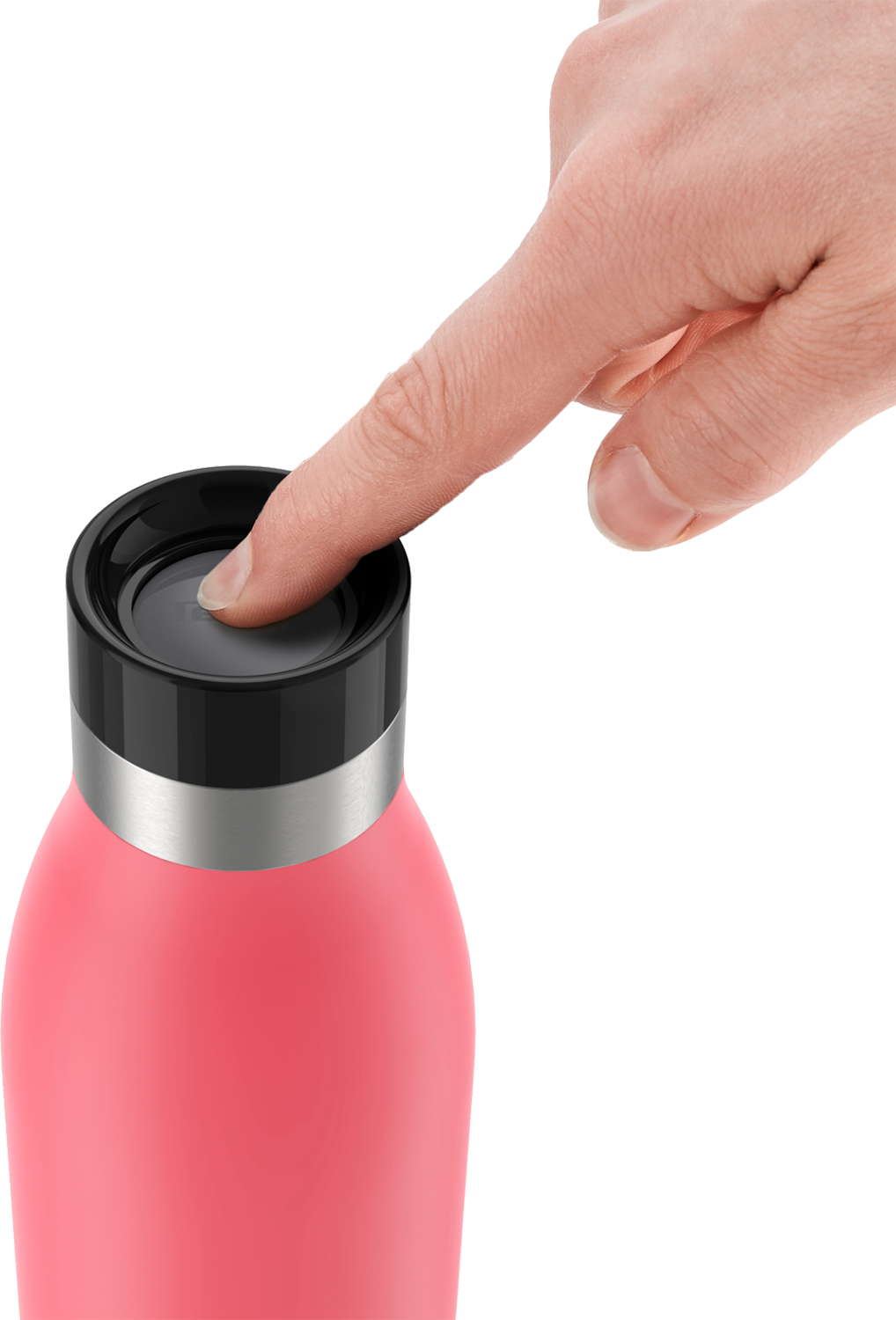 A person's finger presses the cap of a pink water bottle with a black top.