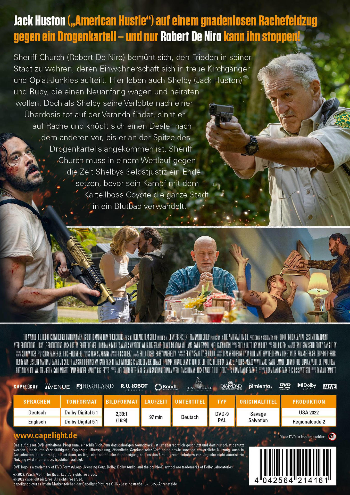 Filmcover mit Text und Bildern von Schauspielern. Enthält einen Mann, der eine Waffe hält.
