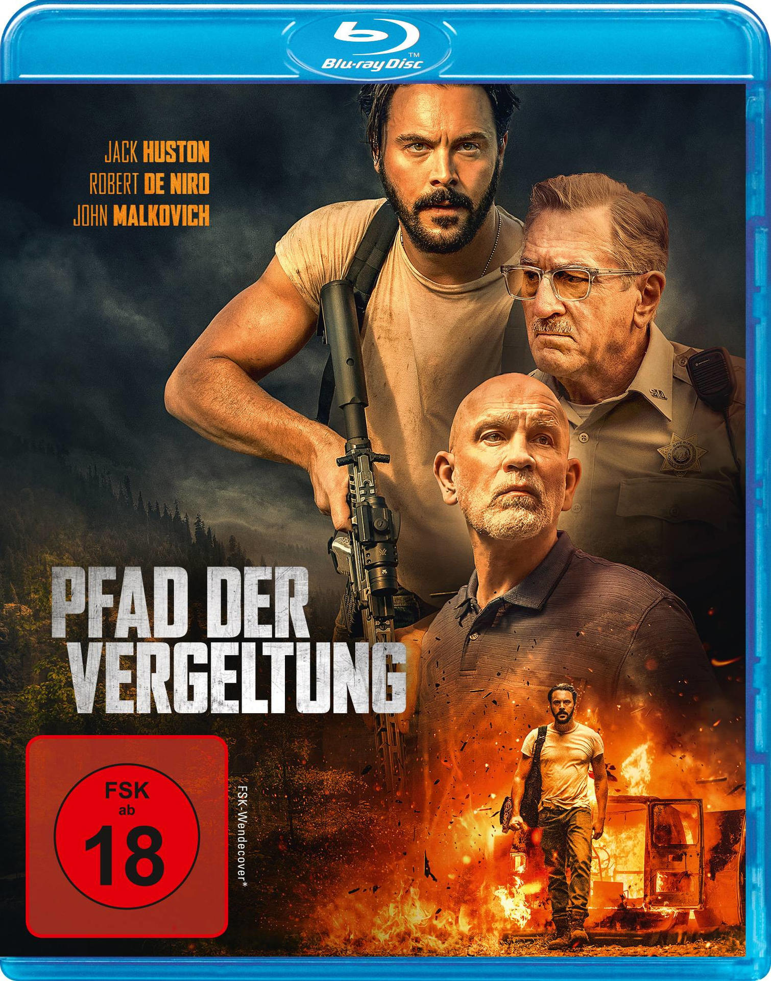 DVD-Cover für 'Pfad der Vergeltung' mit drei Männern und brennendem Hintergrund.