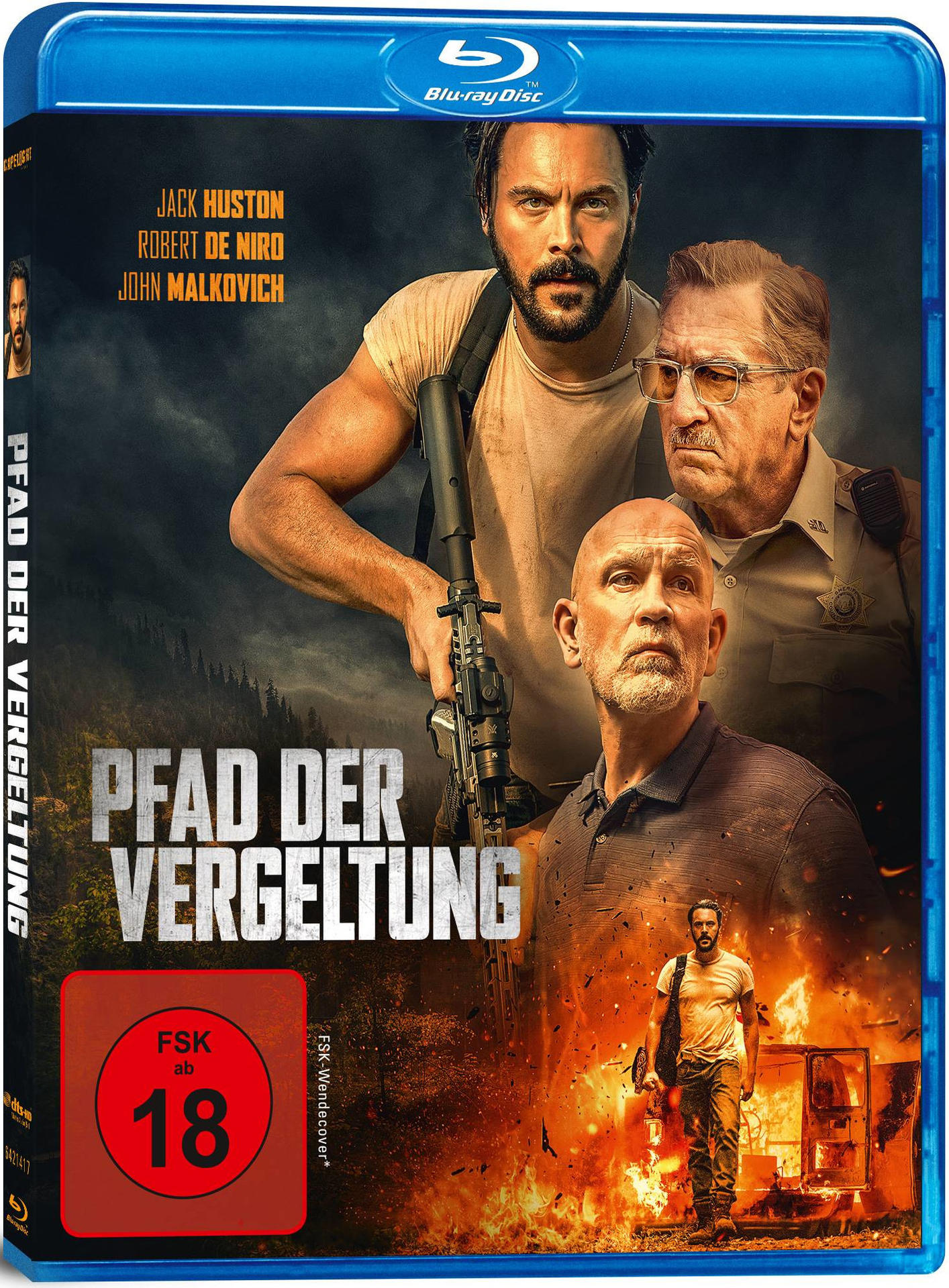 Blu-ray-Hülle. Drei Männer mit Waffen. Deutscher Titel: 'PFAD DER VERGELTUNG'. Ein Actionfilm-Cover.