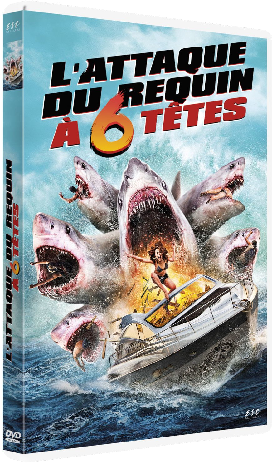 Couverture DVD de '6 Headed Shark Attack'. Un requin à multiples bouches et des personnes dans l'eau.