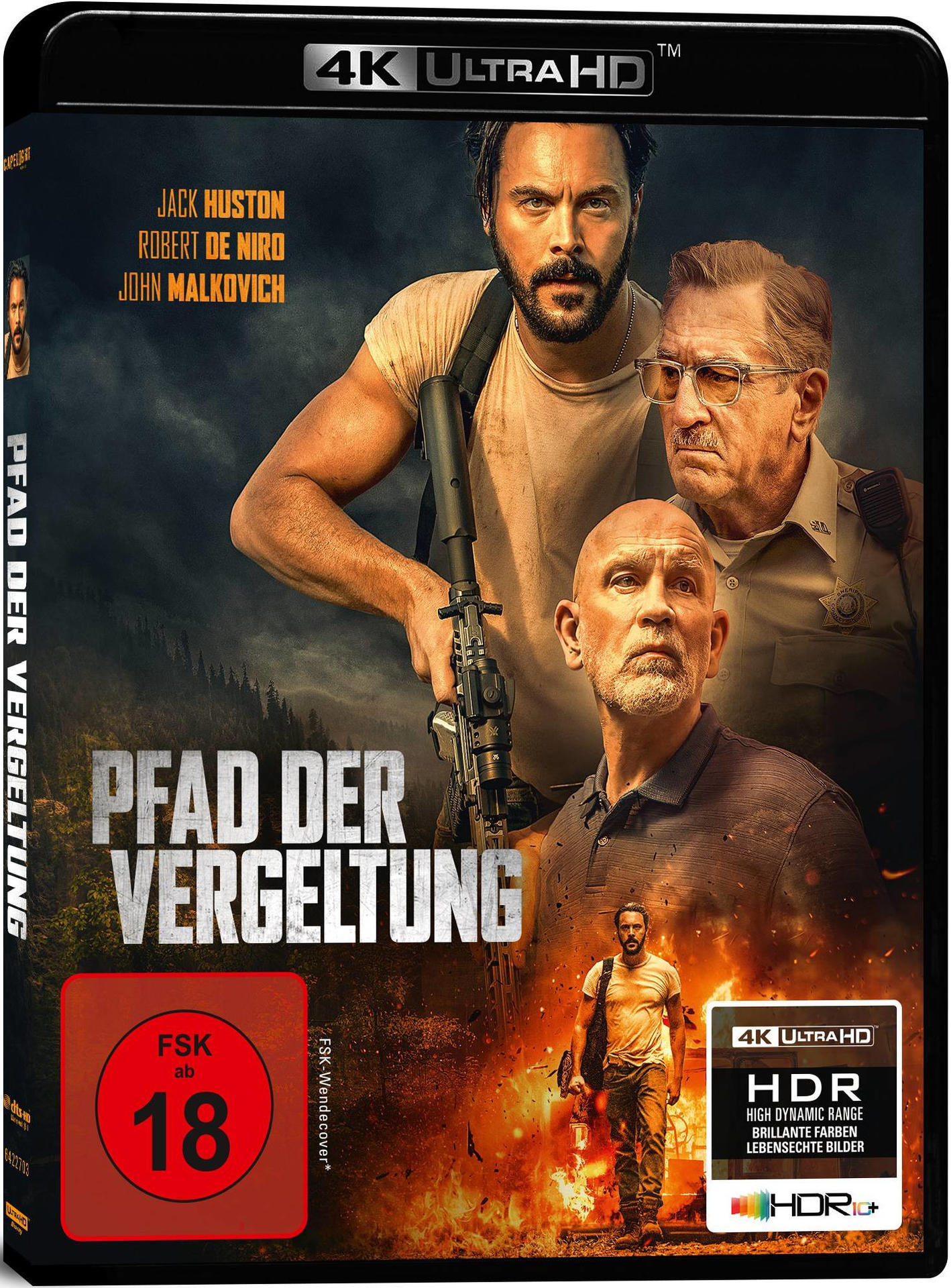 Filmcover. Drei Männer, zwei schauen den Betrachter an. Titel: Pfad der Vergeltung.