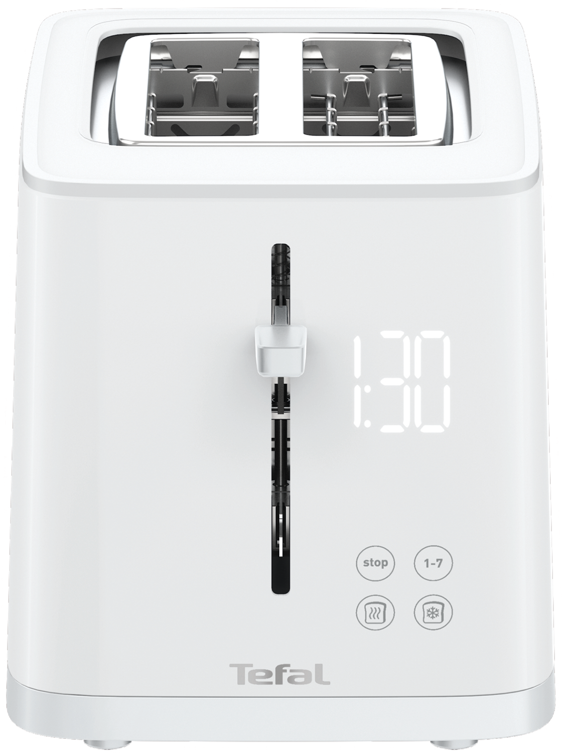 White Tefal toaster with digital display showing 1:30. Stop, heat, and defrost buttons.