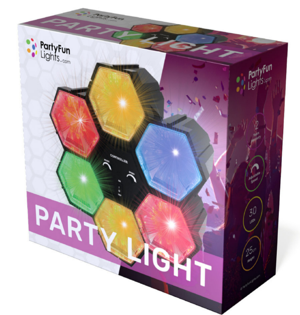 Eine Schachtel mit PartyFun Lights. Die Schachtel ist weiß und hat bunte Lichter auf der Vorderseite.