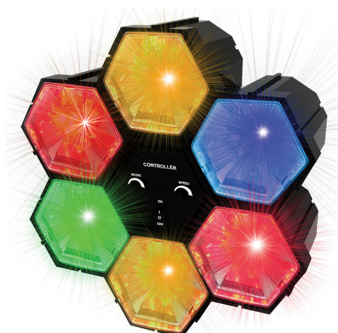 Ein schwarzer Lichtcontroller mit 6 sechseckigen Lichtern in verschiedenen Farben. Auf dem Panel steht 'Controller'.