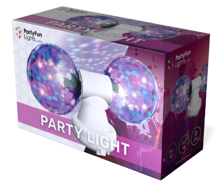 Party-Light-Box mit zwei Lichtkugeln mit buntem und hellem Aussehen.