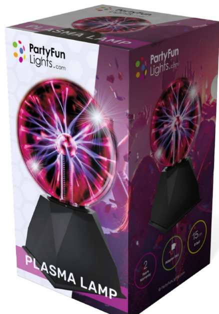 Plasma-Lampe in der Box. Die Box zeigt die Lampe und ihre Funktionen mit Text.
