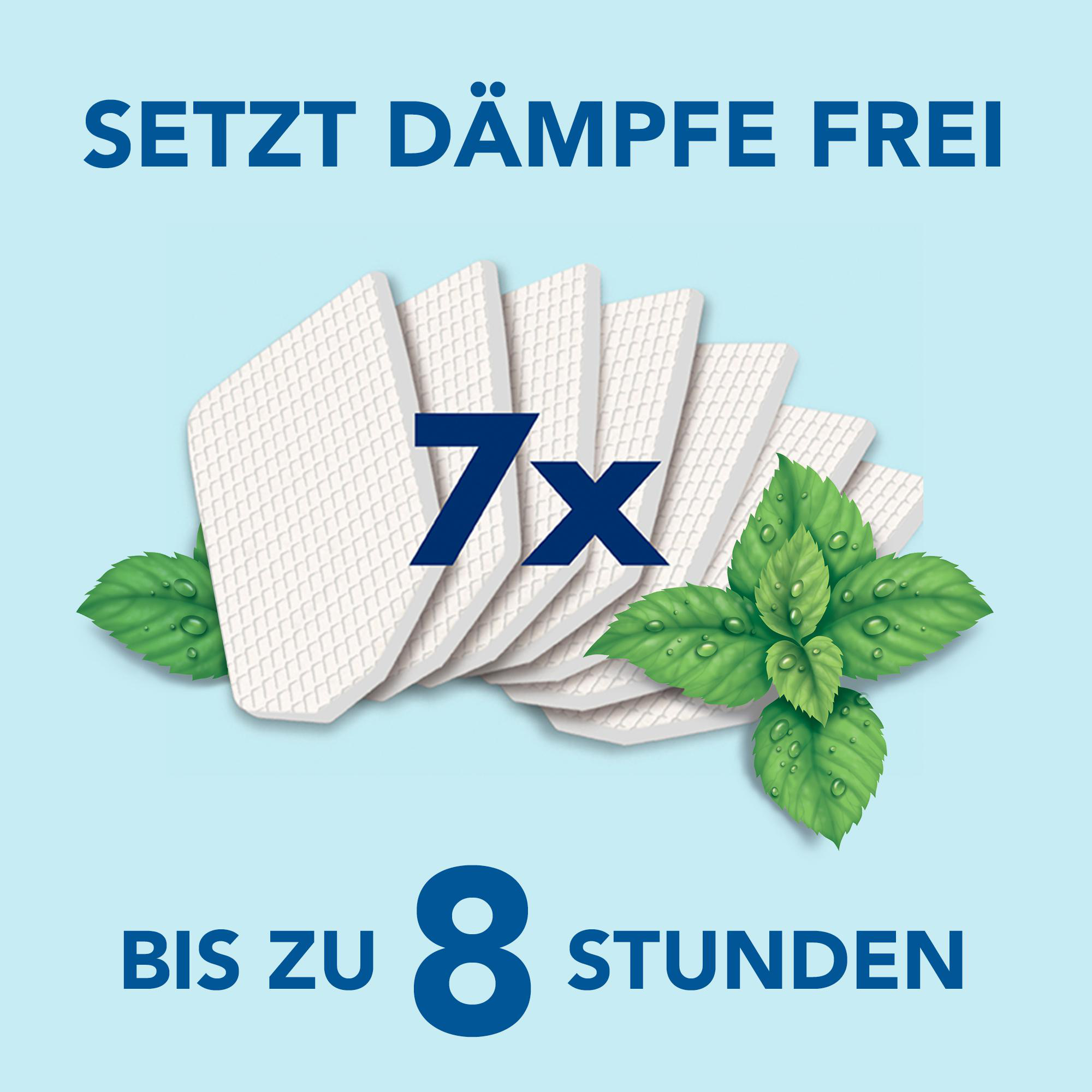 Weiße Minzbonbons mit 7x und 8 Stunden Text sowie grünen Blättern auf blauem Grund.