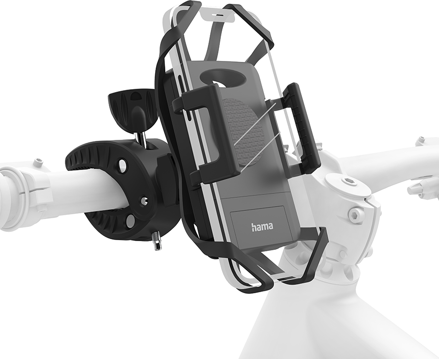 A bicycle phone mount, black clamp, and a phone in a clear case.