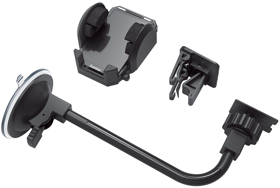 Car phone holder parts, black, on a white background. Includes suction cup.