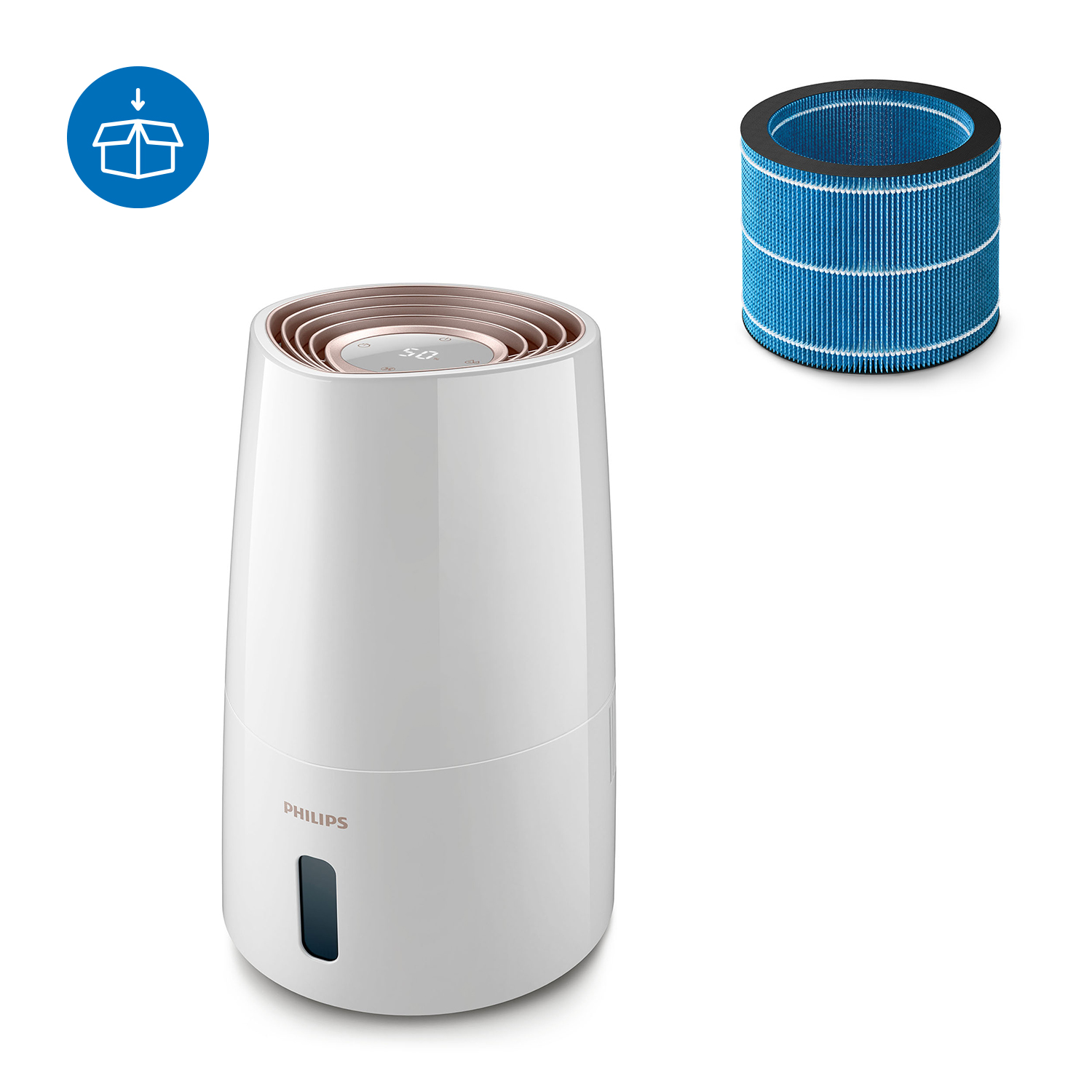 Weißer Luftbefeuchter und ein blauer Filter daneben, mit einem Box-Symbol.