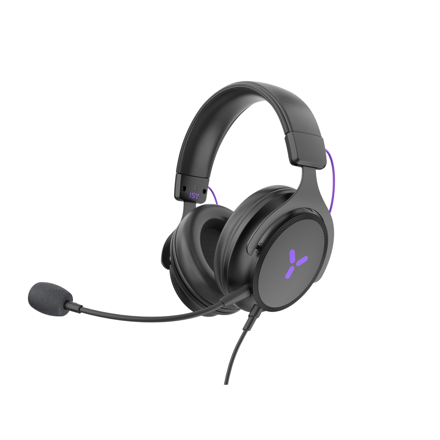 Black gaming headset with a mic, purple accents and logo, floating on black.