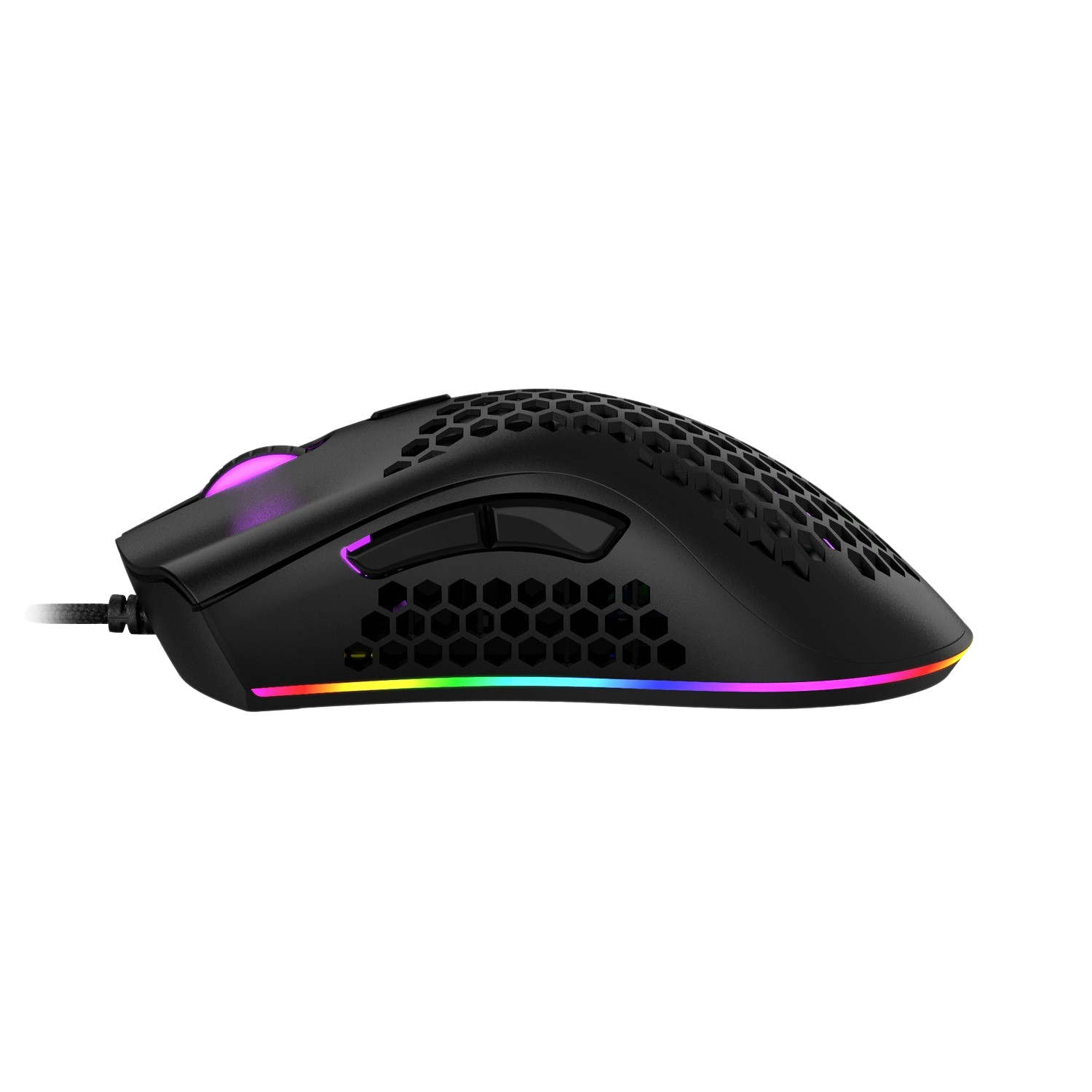 Black gaming mouse with a honeycomb design and a colorful light strip on the bottom.