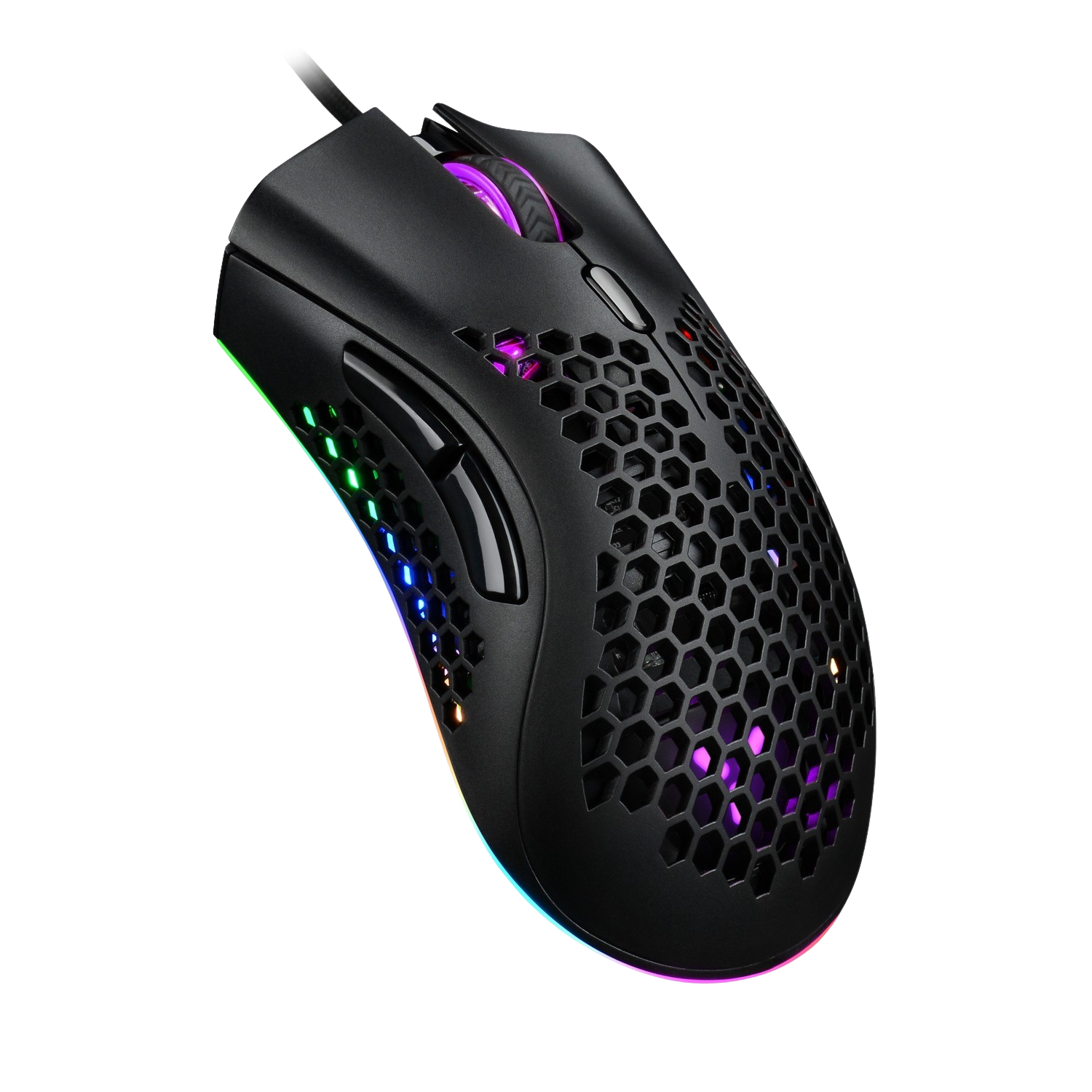 Black gaming mouse with honeycomb design, lit with multiple colors on black.