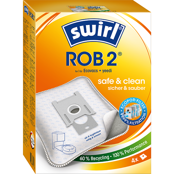 Verpackung für Swirl ROB 2 Staubsaugerbeutel. Enthält einen weißen Beutel mit Filter.