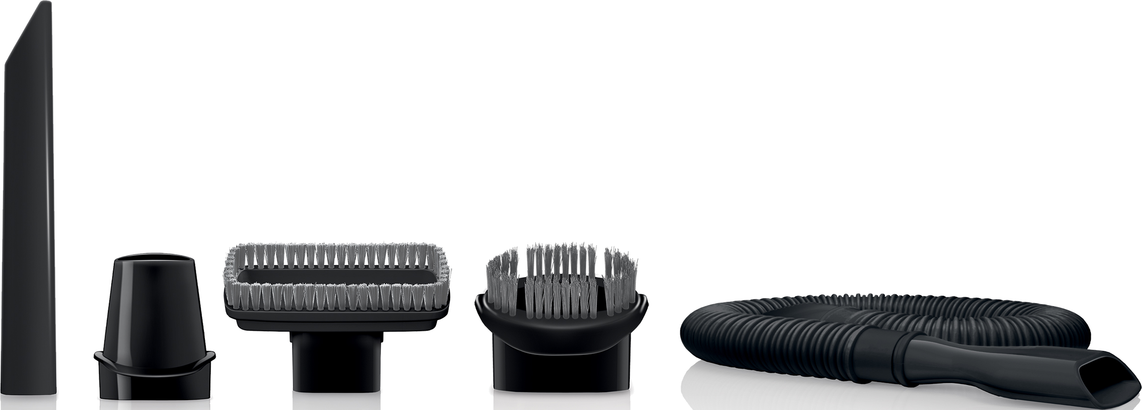 Ensemble d'accessoires d'aspirateur noirs : suceur, brosse et tuyau, disposés sur fond blanc.