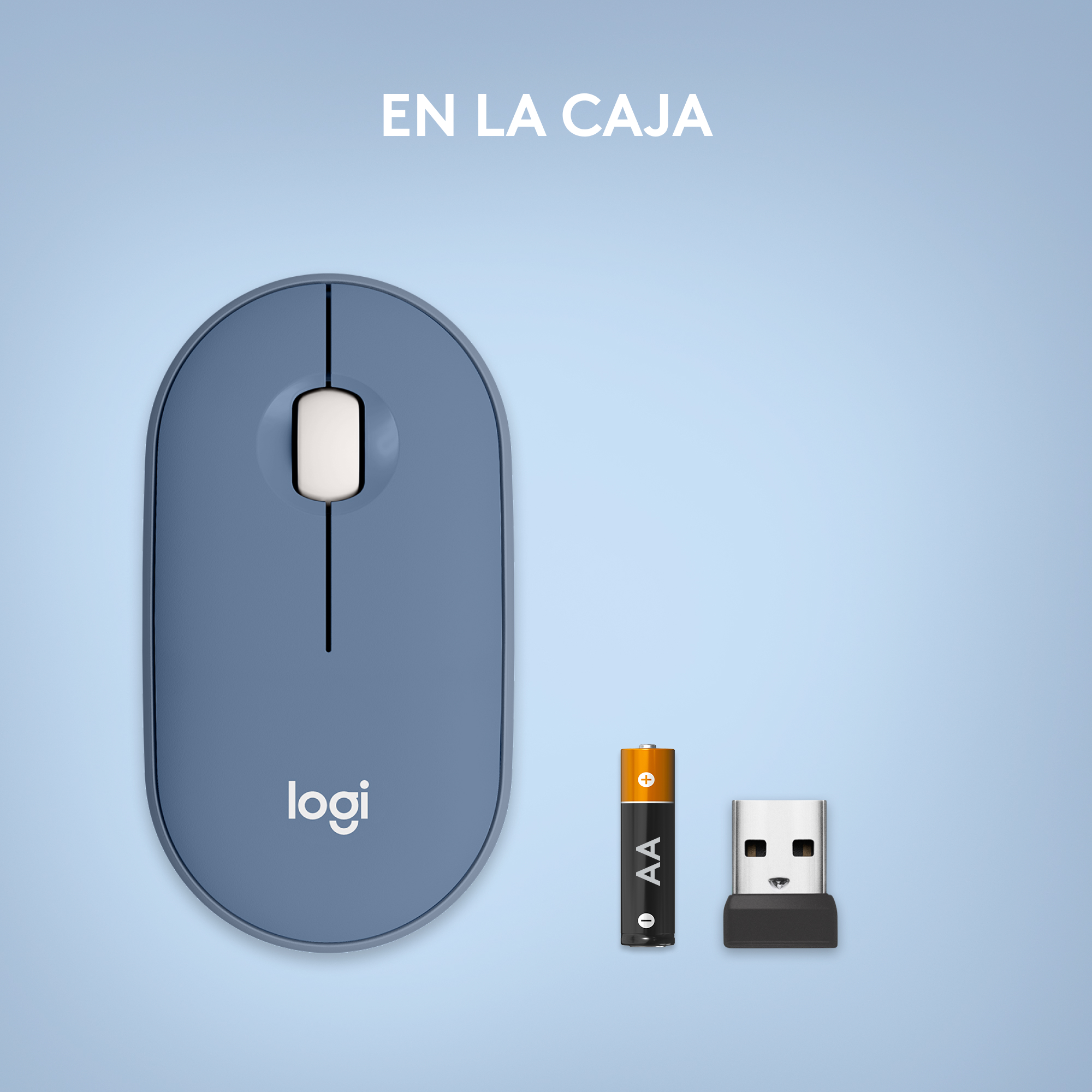 Un ratón azul, una batería y un receptor USB sobre un fondo azul claro. El texto superior dice 'EN LA CAJA'.