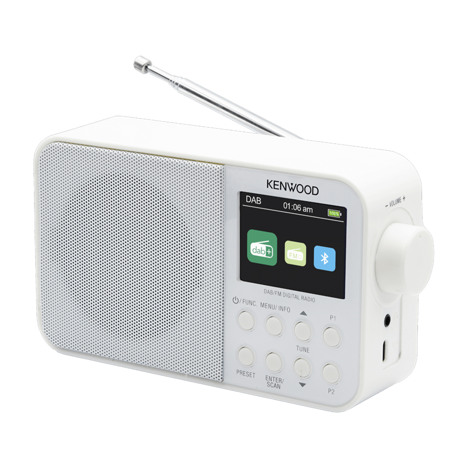 Radio digitale DAB Kenwood bianca. Ha uno schermo e diversi pulsanti. Antenna estesa.